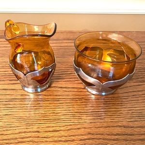 Farber Bros art deco vintage cream and sugar in amber glass and chrome